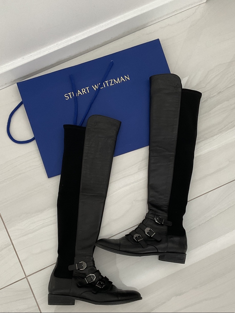 Stuart Weitzman Black Over-the-Knee Buckle Boots